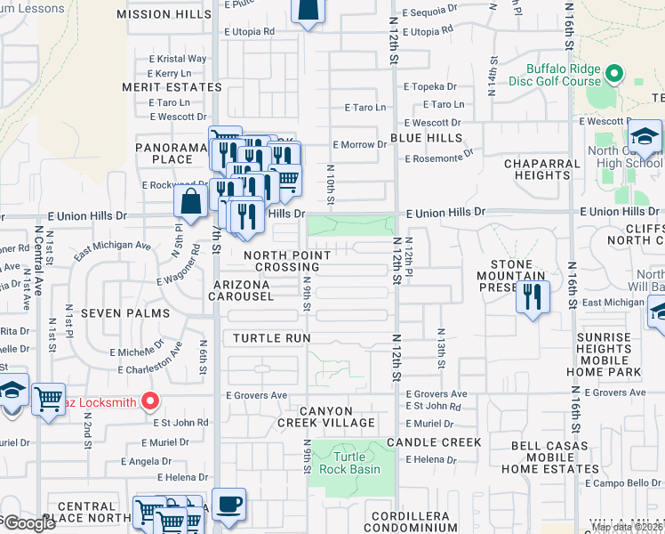 map of restaurants, bars, coffee shops, grocery stores, and more near 910 East Bluefield Avenue in Phoenix