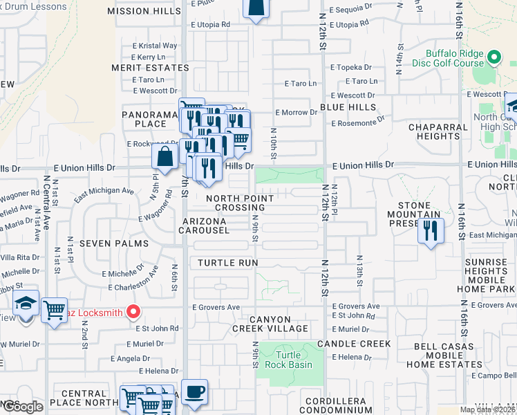 map of restaurants, bars, coffee shops, grocery stores, and more near 910 East Bluefield Avenue in Phoenix