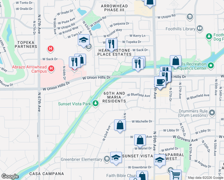 map of restaurants, bars, coffee shops, grocery stores, and more near 6150 West Wagoner Road in Glendale