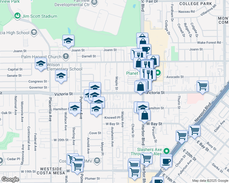 map of restaurants, bars, coffee shops, grocery stores, and more near 2153 Maple Street in Costa Mesa