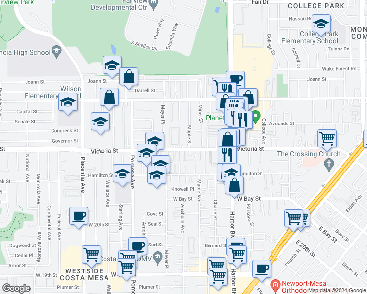 map of restaurants, bars, coffee shops, grocery stores, and more near in Costa Mesa