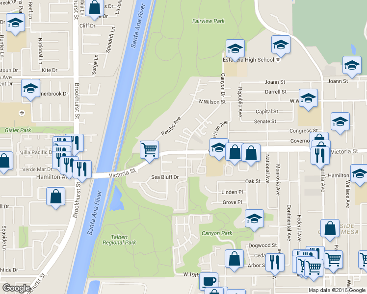 map of restaurants, bars, coffee shops, grocery stores, and more near 1104 Victoria Street in Costa Mesa