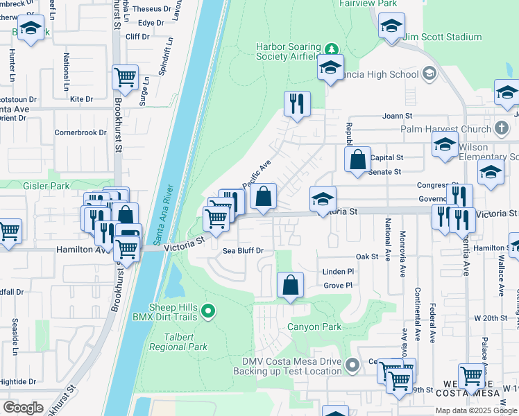 map of restaurants, bars, coffee shops, grocery stores, and more near 1104 Victoria Street in Costa Mesa