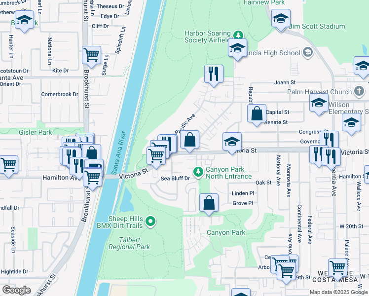 map of restaurants, bars, coffee shops, grocery stores, and more near 1104 Victoria Street in Costa Mesa