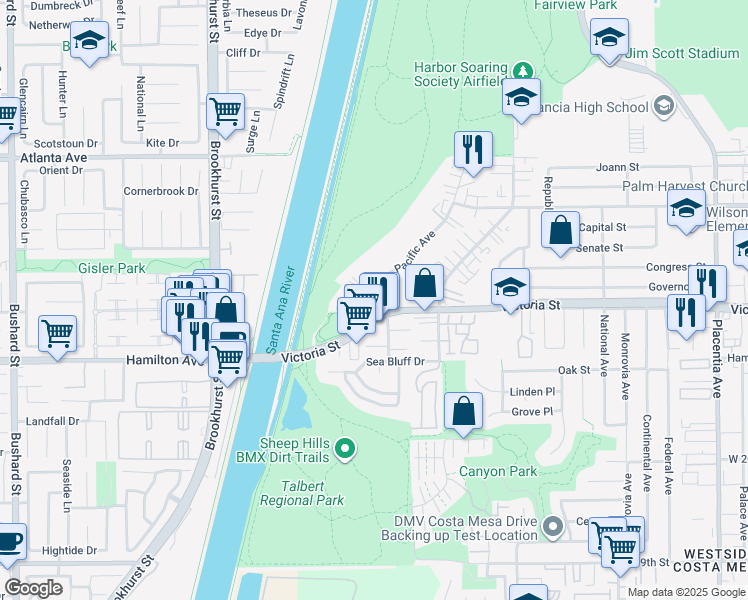 map of restaurants, bars, coffee shops, grocery stores, and more near 1132 Victoria Street in Costa Mesa