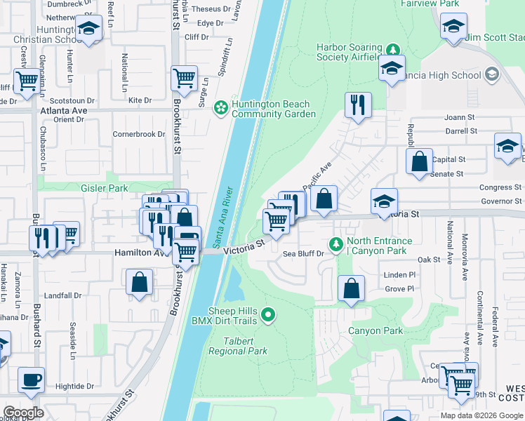 map of restaurants, bars, coffee shops, grocery stores, and more near 201 Victoria Place in Costa Mesa