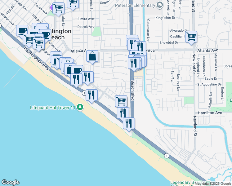 map of restaurants, bars, coffee shops, grocery stores, and more near 21355 Andalucia Lane in Huntington Beach