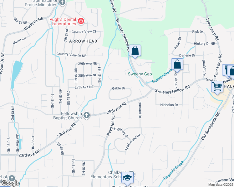 map of restaurants, bars, coffee shops, grocery stores, and more near 2604 Gable Court in Center Point