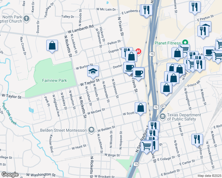 map of restaurants, bars, coffee shops, grocery stores, and more near 312 W Fairview St in Sherman