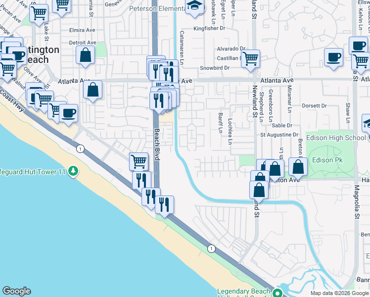 map of restaurants, bars, coffee shops, grocery stores, and more near 21332 Ashburton Circle in Huntington Beach