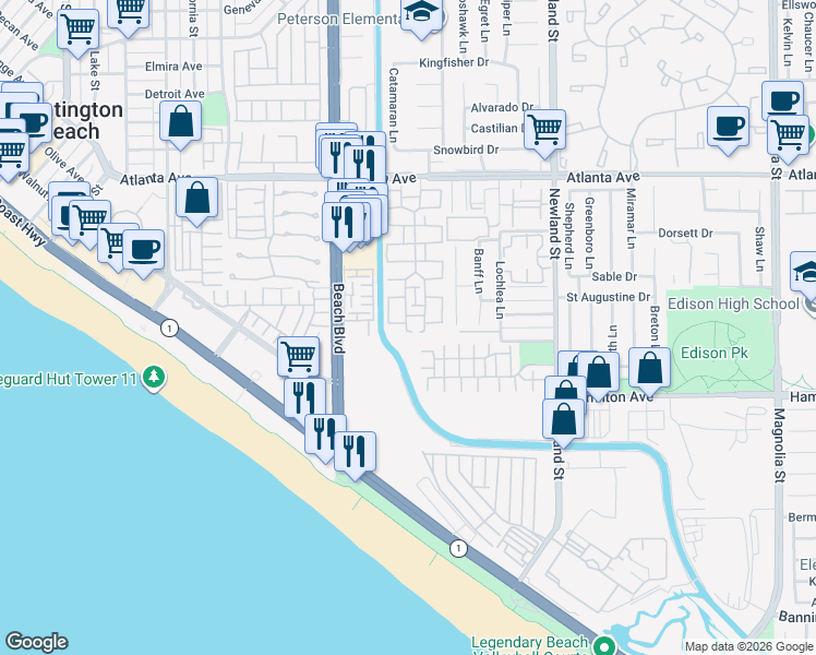 map of restaurants, bars, coffee shops, grocery stores, and more near 21332 Ashburton Circle in Huntington Beach