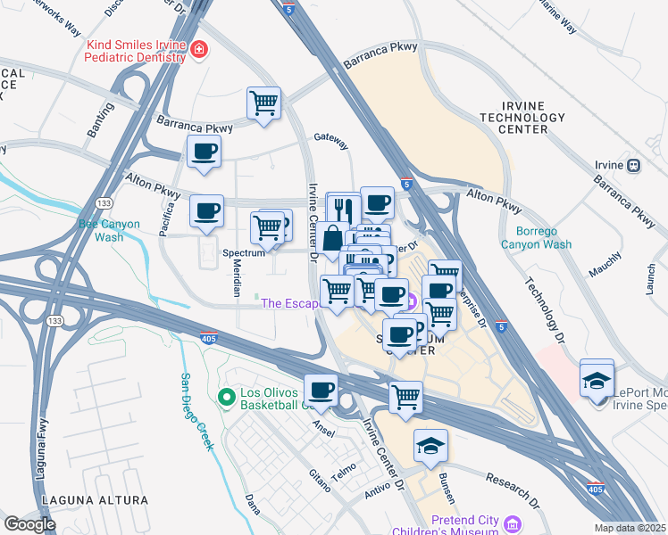 map of restaurants, bars, coffee shops, grocery stores, and more near 200 Spectrum Center Drive in Irvine