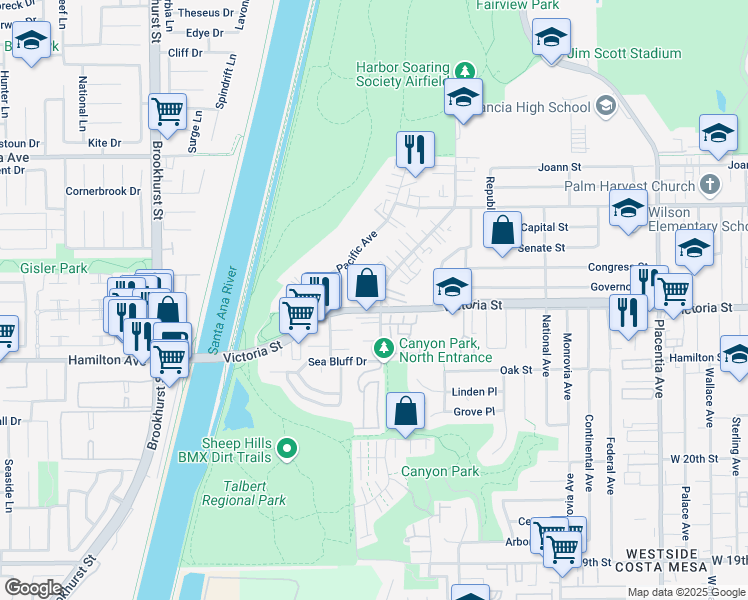 map of restaurants, bars, coffee shops, grocery stores, and more near 2155 Canyon Drive in Costa Mesa