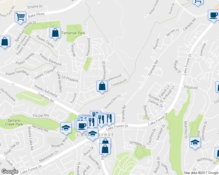 map of restaurants, bars, coffee shops, grocery stores, and more near 21365 Autumnwood in Lake Forest