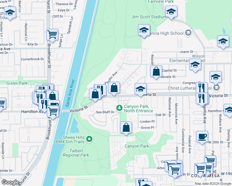map of restaurants, bars, coffee shops, grocery stores, and more near 2155 Canyon Drive in Costa Mesa
