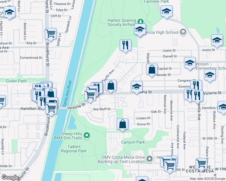 map of restaurants, bars, coffee shops, grocery stores, and more near 2 23rd Street in Costa Mesa