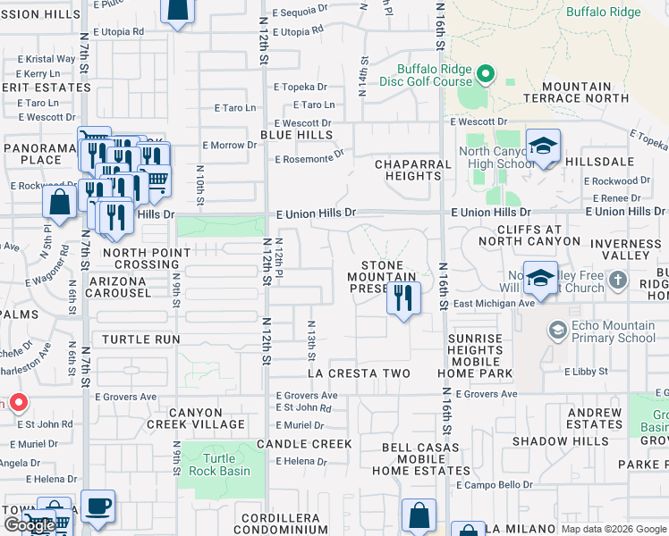 map of restaurants, bars, coffee shops, grocery stores, and more near 18241 North 13th Street in Phoenix
