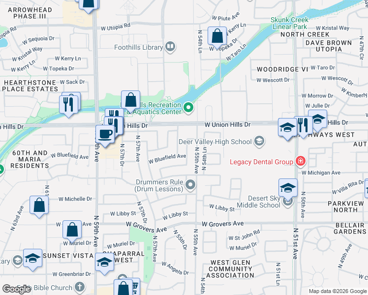 map of restaurants, bars, coffee shops, grocery stores, and more near 18407 North 55th Lane in Glendale
