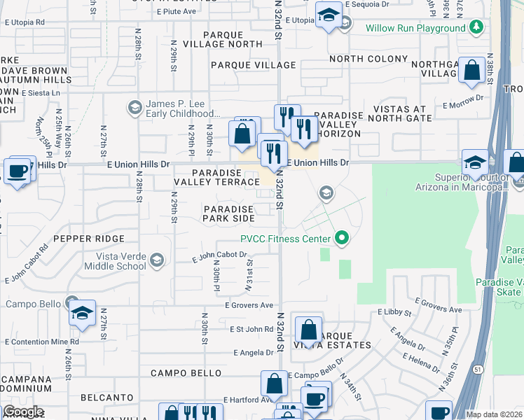 map of restaurants, bars, coffee shops, grocery stores, and more near 18250 North 32nd Street in Phoenix