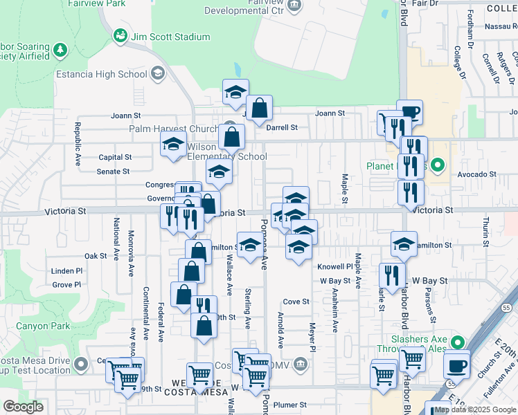 map of restaurants, bars, coffee shops, grocery stores, and more near 700 Victoria Street in Costa Mesa