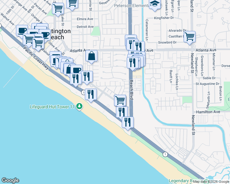 map of restaurants, bars, coffee shops, grocery stores, and more near 21338 Balerma Lane in Huntington Beach