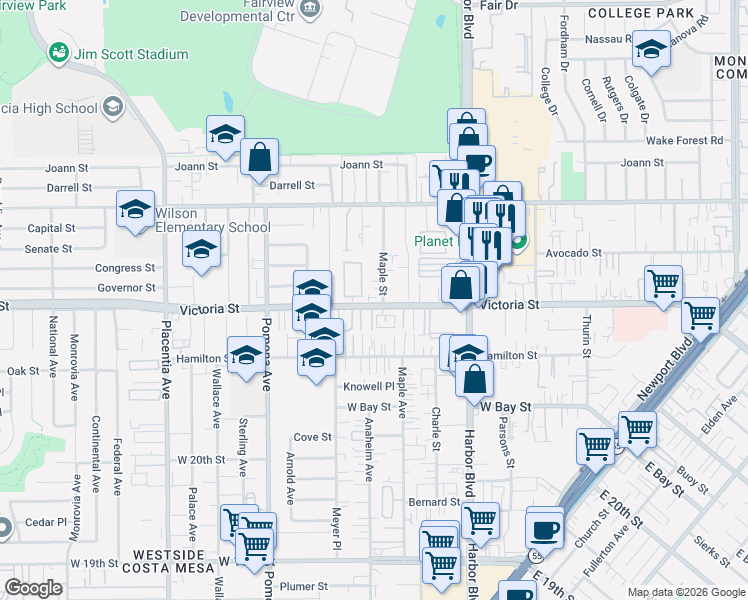 map of restaurants, bars, coffee shops, grocery stores, and more near 2153 Maple Street in Costa Mesa