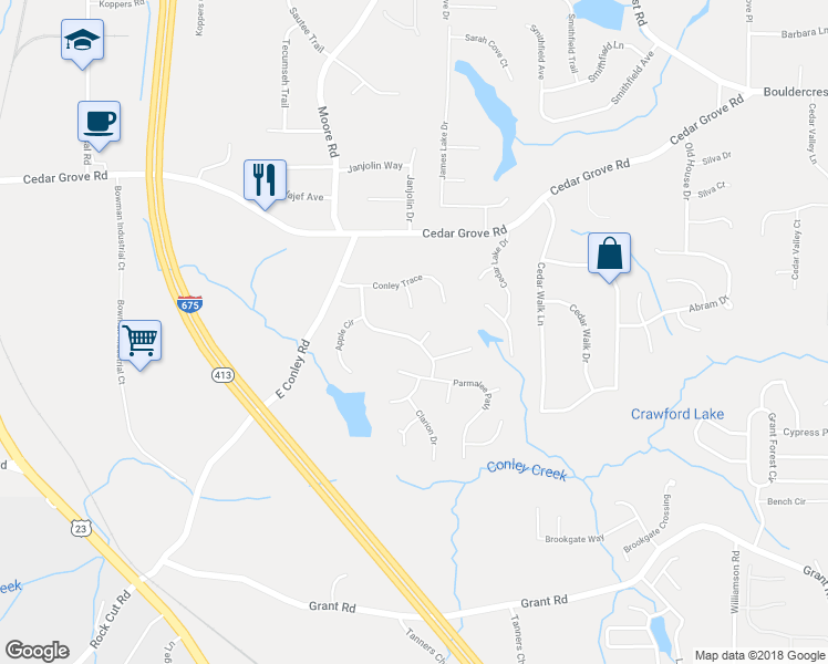 map of restaurants, bars, coffee shops, grocery stores, and more near 4376 Conley Landing in Conley