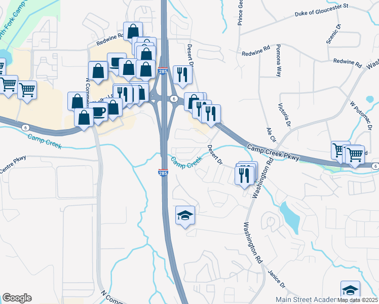 map of restaurants, bars, coffee shops, grocery stores, and more near 3200 Desert Drive in East Point