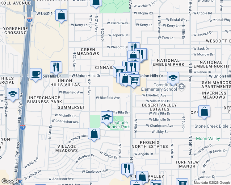 map of restaurants, bars, coffee shops, grocery stores, and more near 18223 North 20th Drive in Phoenix