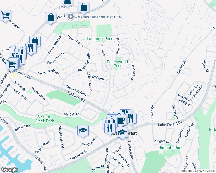 map of restaurants, bars, coffee shops, grocery stores, and more near 21324 Balsam Lane in Lake Forest
