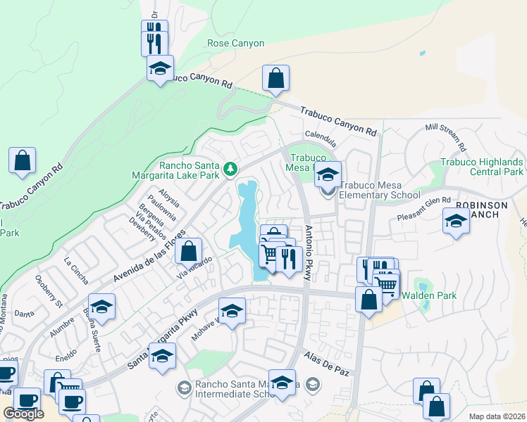 map of restaurants, bars, coffee shops, grocery stores, and more near 47 Calle Melinda in Rancho Santa Margarita