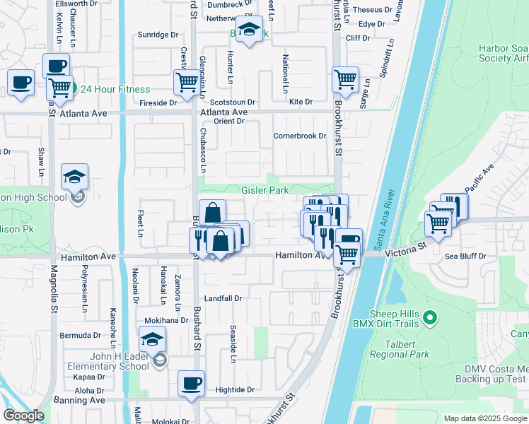 map of restaurants, bars, coffee shops, grocery stores, and more near 9705 Port Royal Circle in Huntington Beach