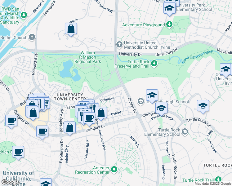 map of restaurants, bars, coffee shops, grocery stores, and more near in Irvine