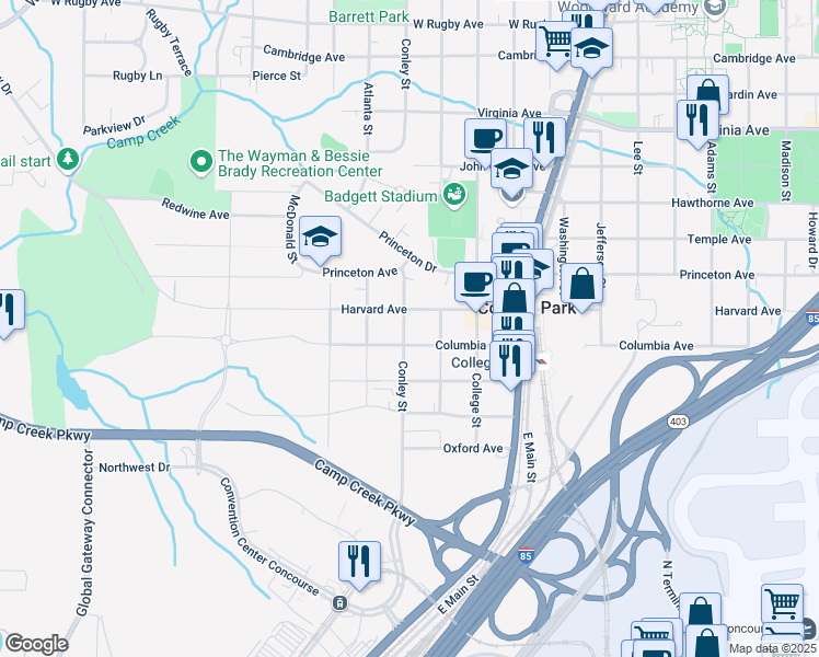 map of restaurants, bars, coffee shops, grocery stores, and more near 1995 Columbia Avenue in College Park