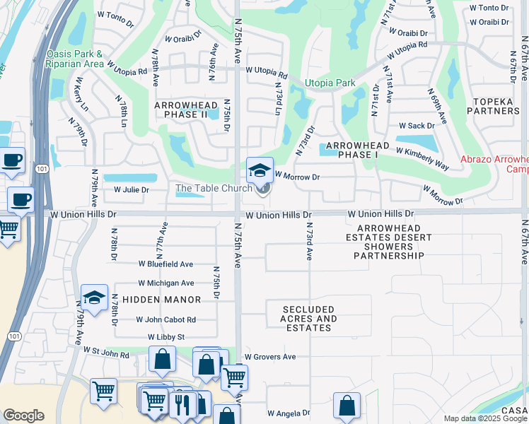 map of restaurants, bars, coffee shops, grocery stores, and more near 7490 West Union Hills Drive in Glendale