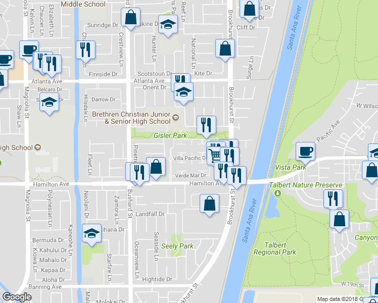 map of restaurants, bars, coffee shops, grocery stores, and more near 21335 Bay Crest Circle in Huntington Beach