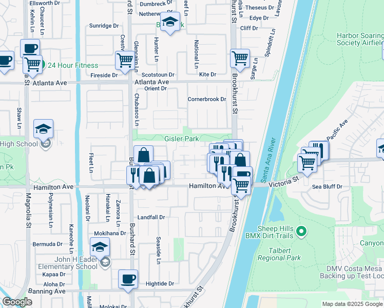 map of restaurants, bars, coffee shops, grocery stores, and more near 21335 Bay Crest Circle in Huntington Beach