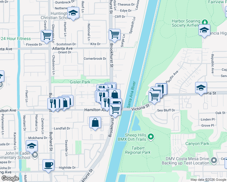 map of restaurants, bars, coffee shops, grocery stores, and more near 9933 Villa Pacific Drive in Huntington Beach