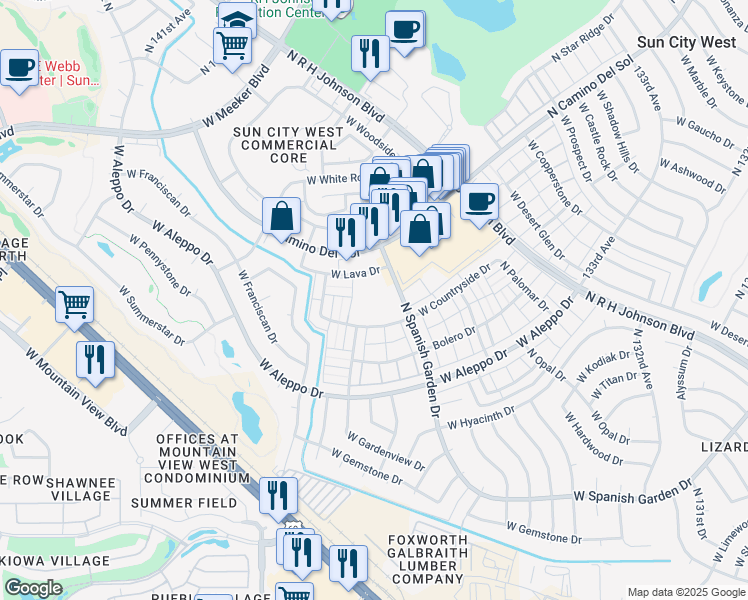 map of restaurants, bars, coffee shops, grocery stores, and more near 18626 North Spanish Garden Drive in Sun City West