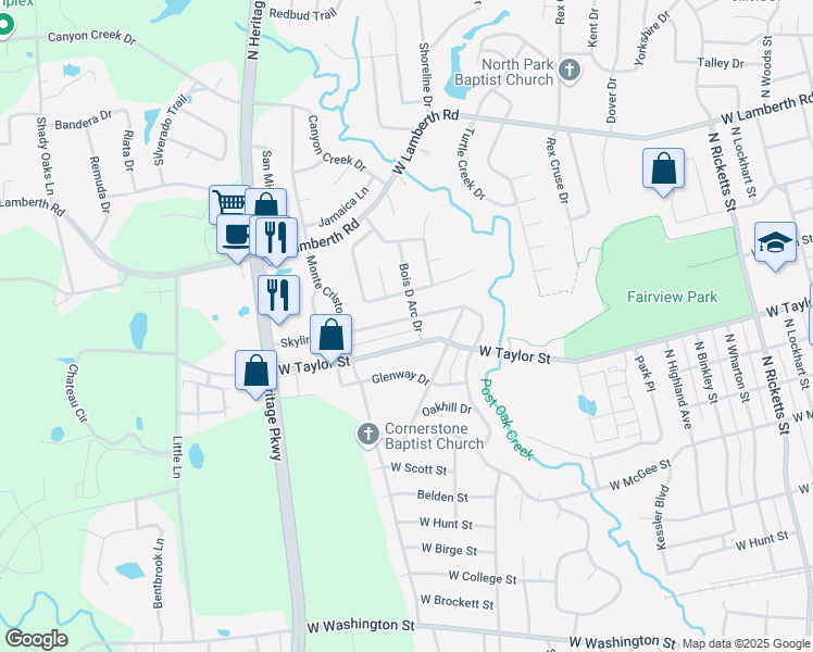 map of restaurants, bars, coffee shops, grocery stores, and more near 1806 Skyline Drive in Sherman