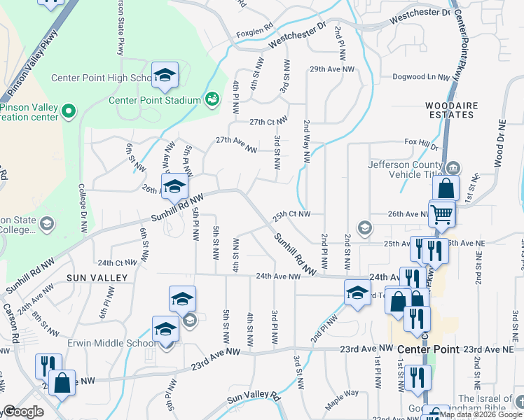 map of restaurants, bars, coffee shops, grocery stores, and more near 409 Sunhill Road Northwest in Center Point