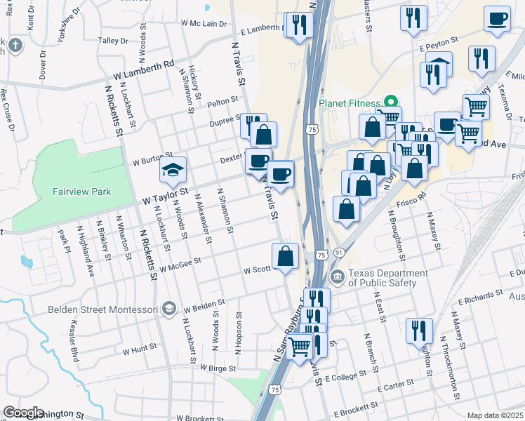 map of restaurants, bars, coffee shops, grocery stores, and more near 107 W Texas St in Sherman