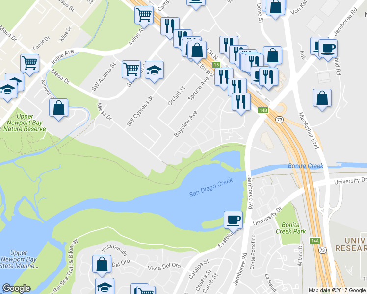map of restaurants, bars, coffee shops, grocery stores, and more near 78 Pelican Court in Newport Beach