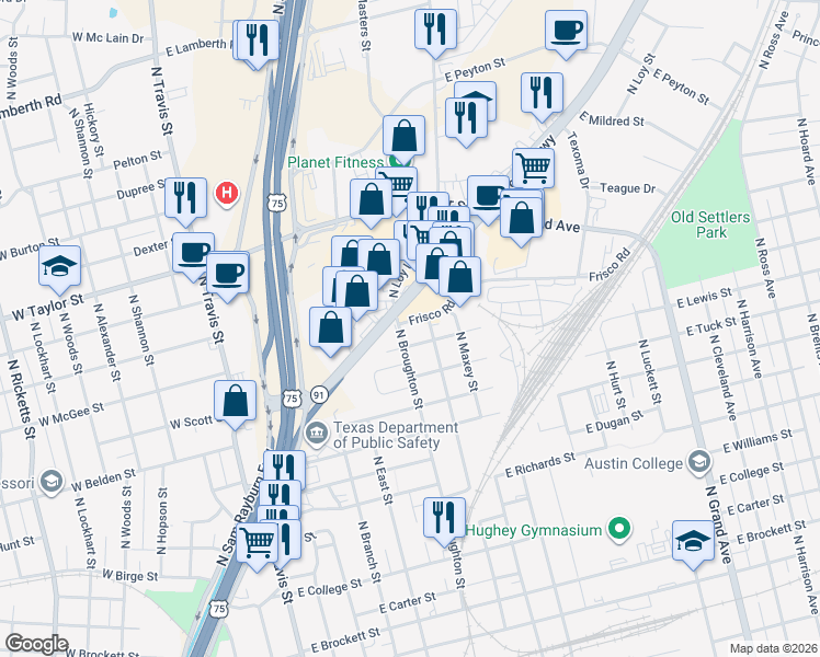 map of restaurants, bars, coffee shops, grocery stores, and more near 1617 Texoma Parkway in Sherman