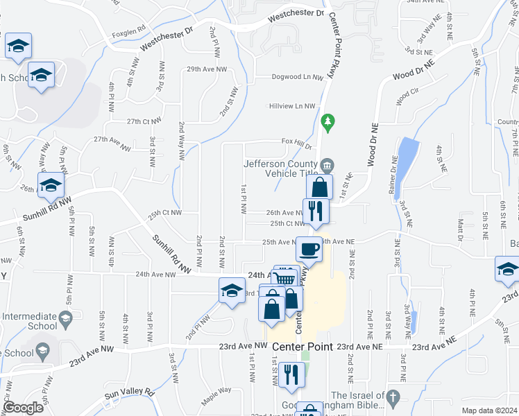 map of restaurants, bars, coffee shops, grocery stores, and more near 120 26th Avenue Northwest in Center Point