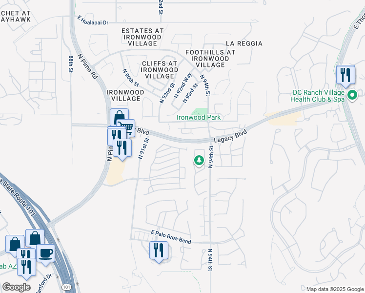 map of restaurants, bars, coffee shops, grocery stores, and more near 18388 North 93rd Place in Scottsdale