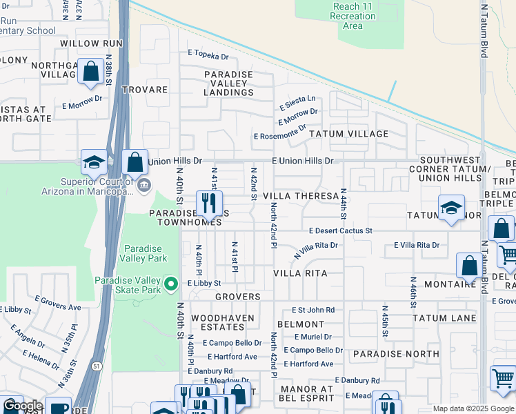 map of restaurants, bars, coffee shops, grocery stores, and more near 18221 North 42nd Street in Phoenix