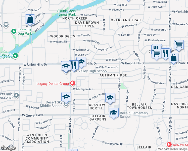 map of restaurants, bars, coffee shops, grocery stores, and more near 4918 West Bluefield Avenue in Glendale