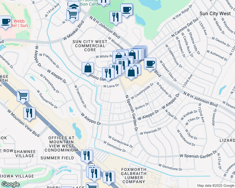 map of restaurants, bars, coffee shops, grocery stores, and more near 18626 North Spanish Garden Drive in Sun City West
