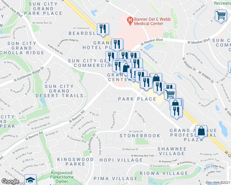 map of restaurants, bars, coffee shops, grocery stores, and more near 14575 West Mountain View Boulevard in Surprise